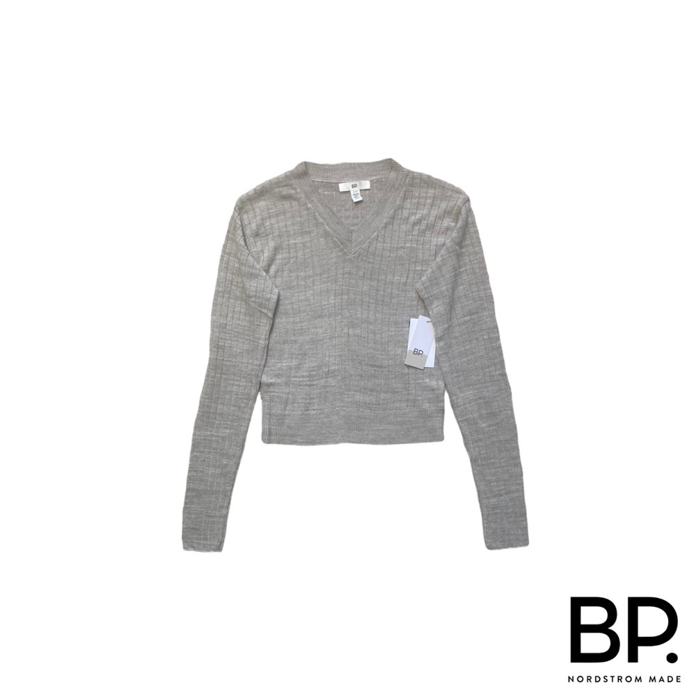 BP Reagan Rib Crop V Neck Long Sleeve Ribbed Knit Sweater Grey Heather